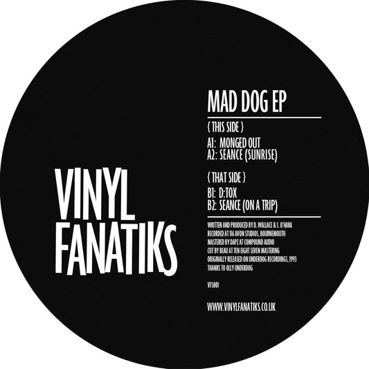 Vinyl record label with 'Vinyl Fanatiks' and tracklist on a black background