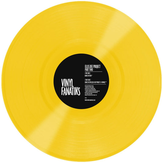 Yellow vinyl record with a black label on a white background