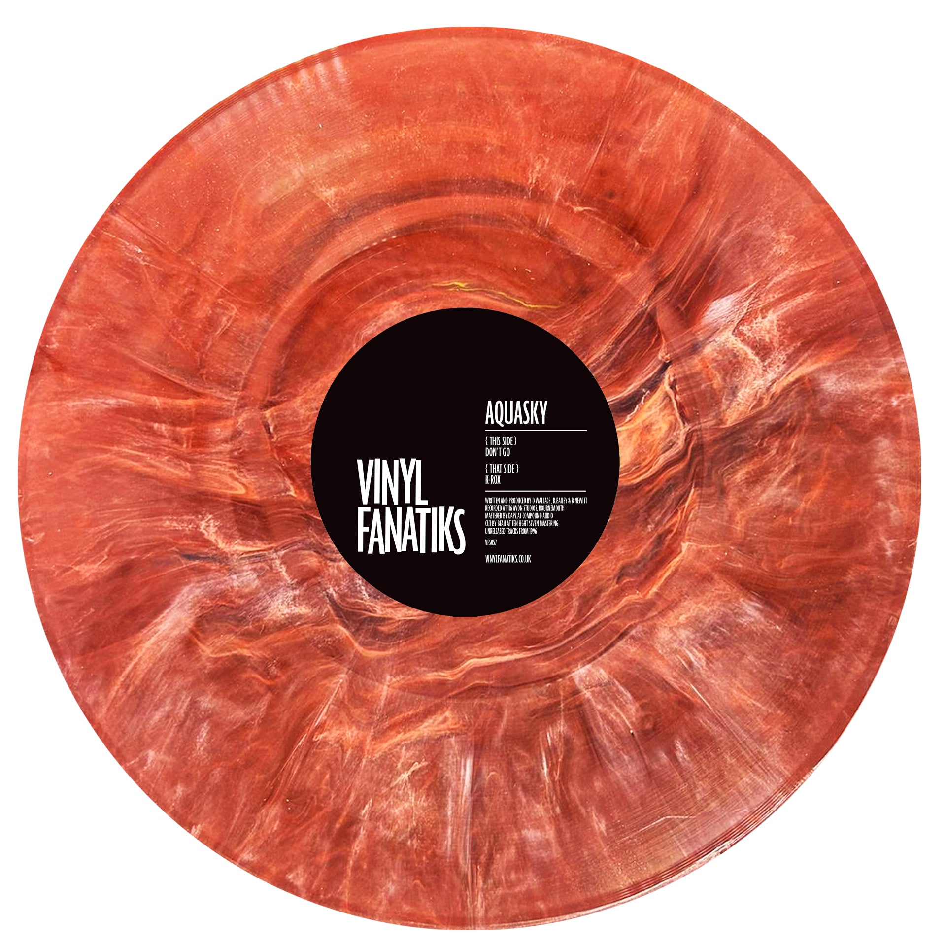 Vinyl record with a red and white marbled design and 'Vinyl Fanatiks' label.