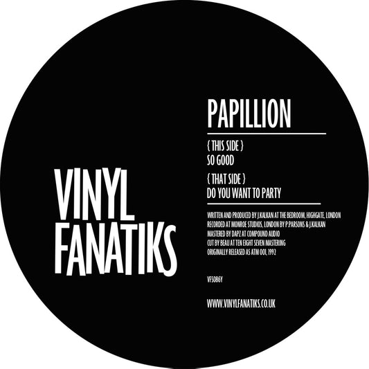 Vinyl record label with text 'Papillion' and 'Vinyl Fanatiks' on a black background