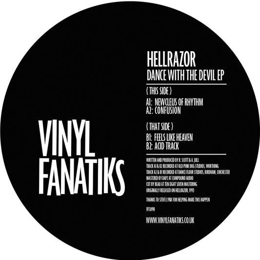 Vinyl record label with text for 'Hellrazor Dance With The Devil EP' by Vinyl Fanatiks.
