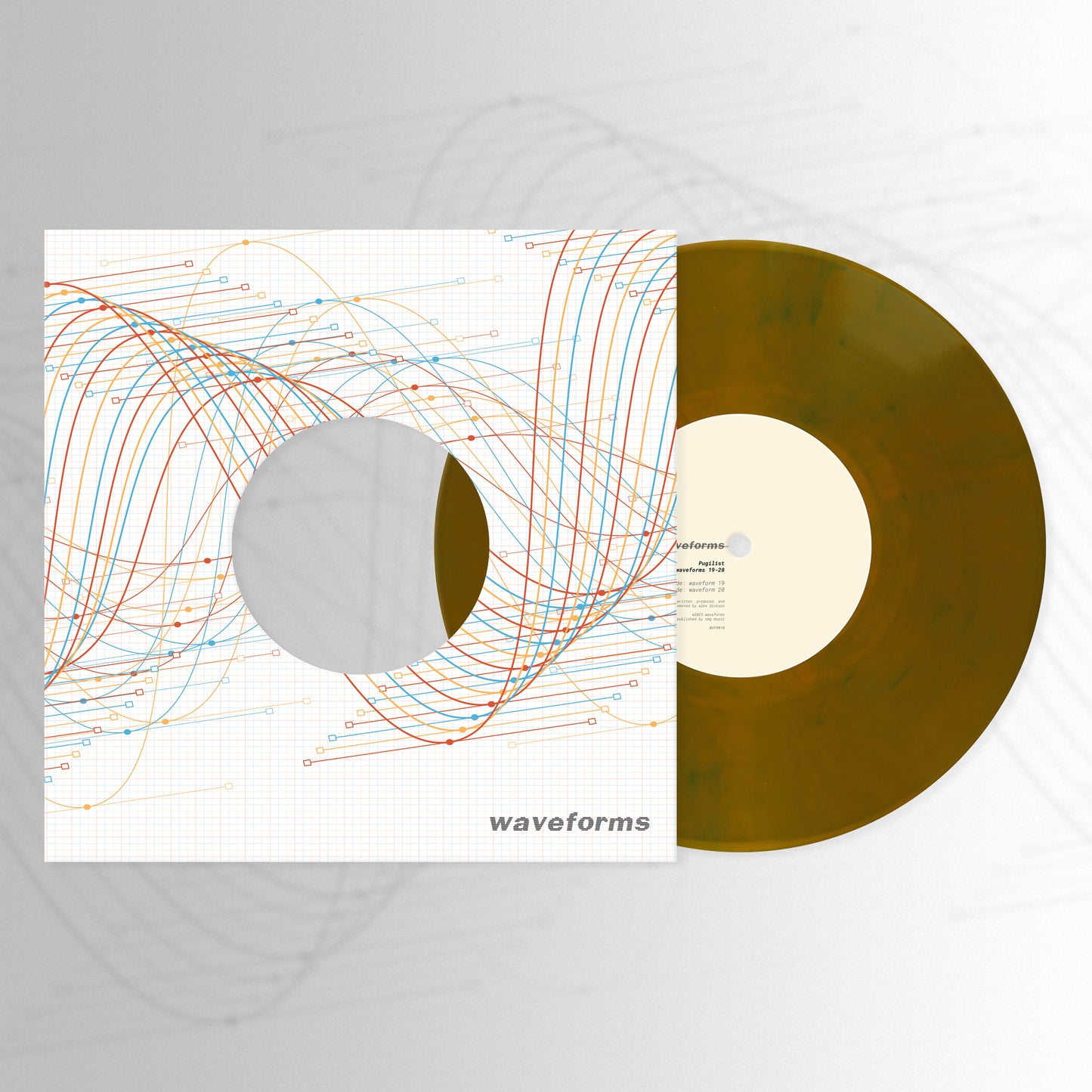 Vinyl record with a colorful sleeve featuring waveforms on a gray background
