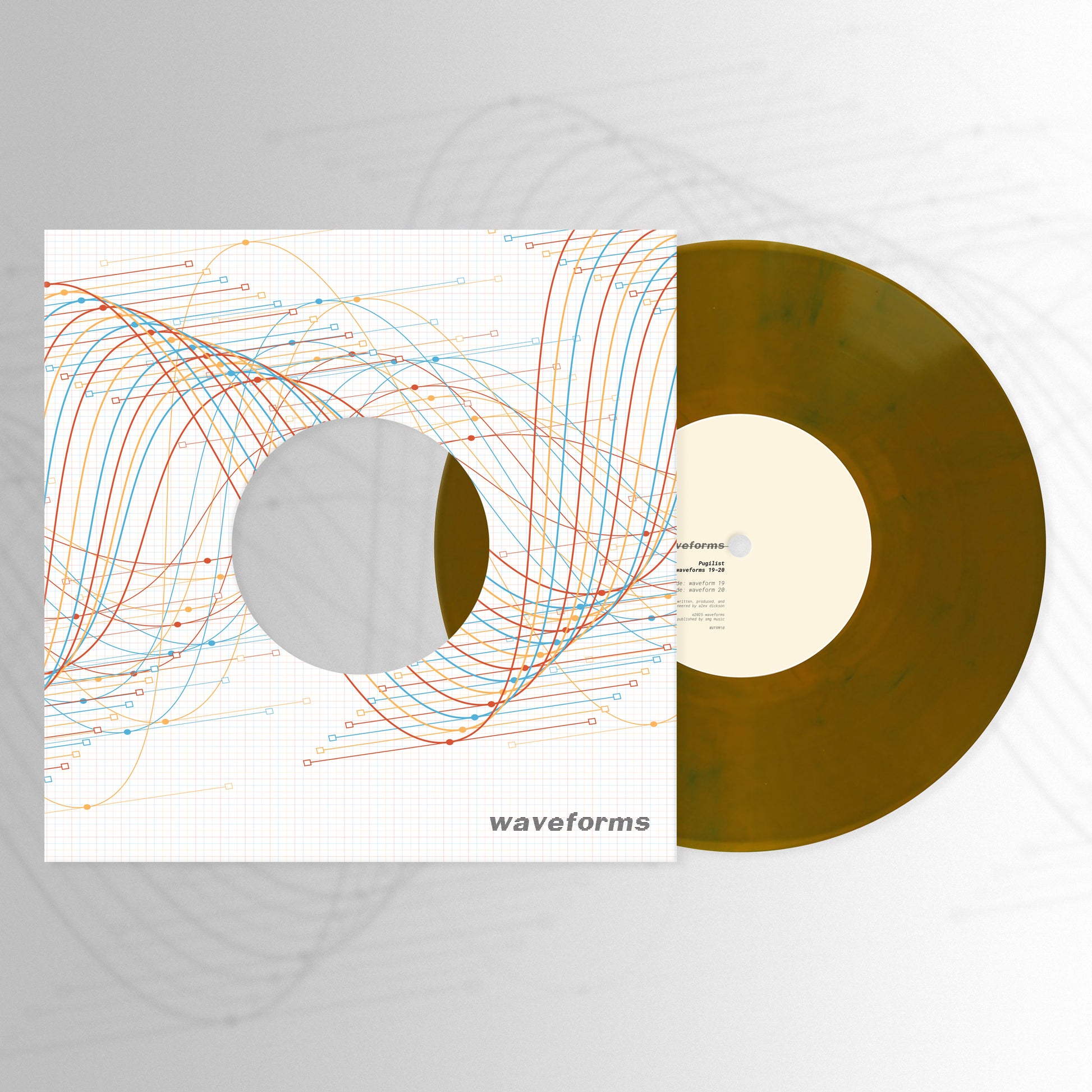 Vinyl record with a colorful sleeve featuring waveforms on a gray background