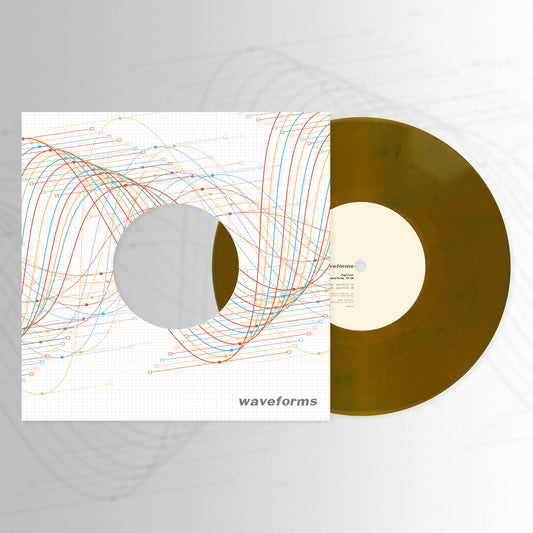 Vinyl record with a colorful sleeve featuring waveforms on a gray background